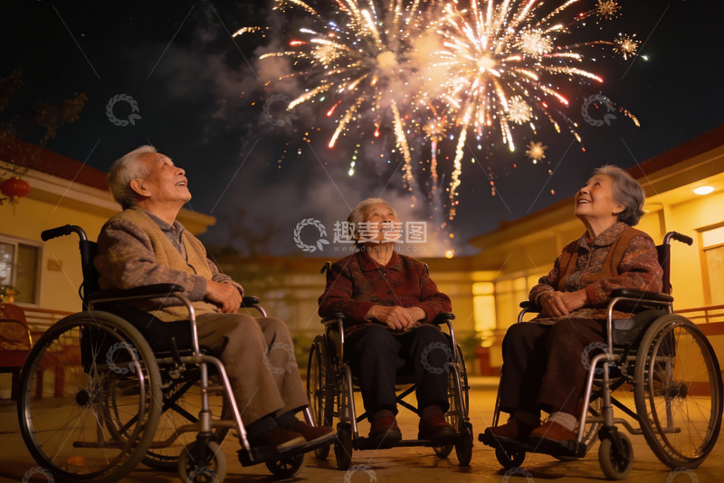 高清大图下载【趣麦麦图】三位老人夜赏烟花其乐融融