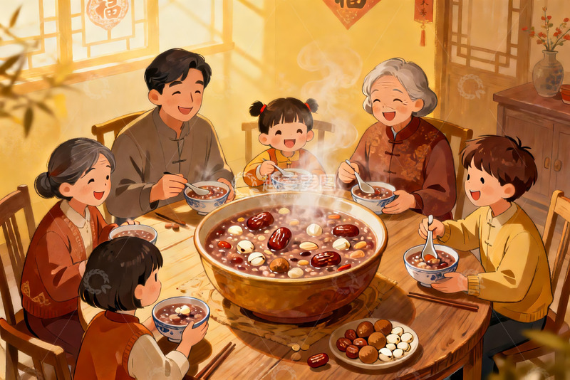 高清大图下载【趣麦麦图】全家围坐吃腊八粥其乐融融