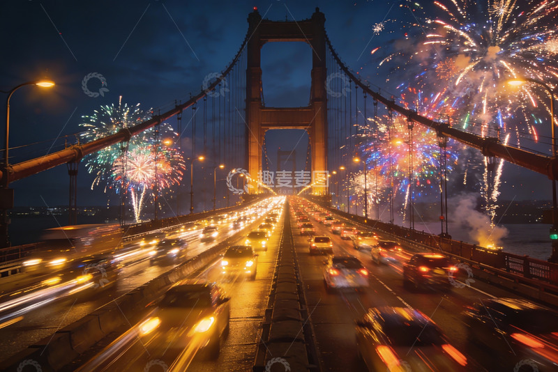 高清大图下载【趣麦麦图】夜幕大桥烟花璀璨车流不息