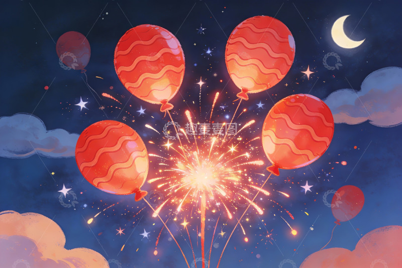高清大图下载【趣麦麦图】夜空烟花气球梦幻场景