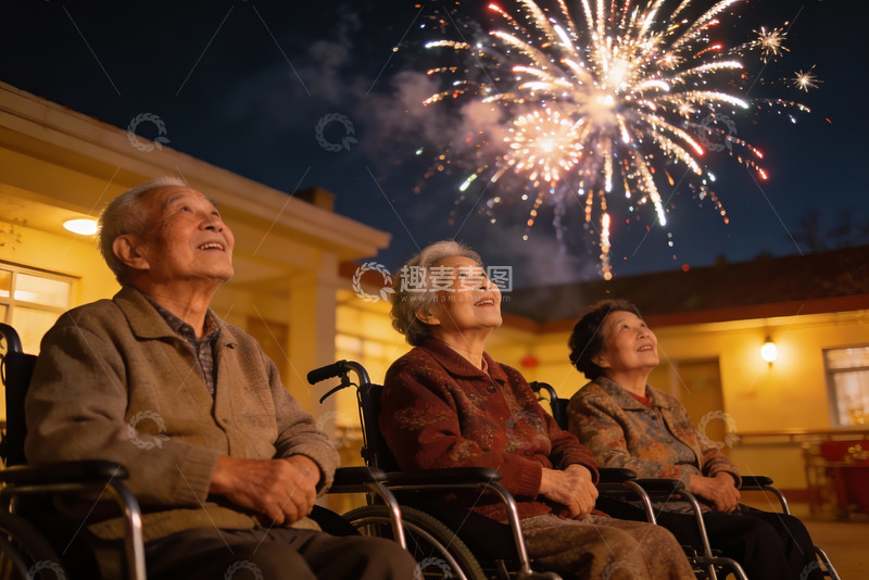 高清大图下载【趣麦麦图】三位老人夜观烟花