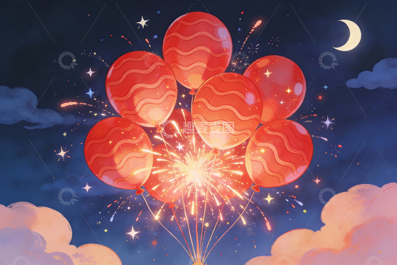 高清大图下载【趣麦麦图】夜空烟花气球梦幻场景
