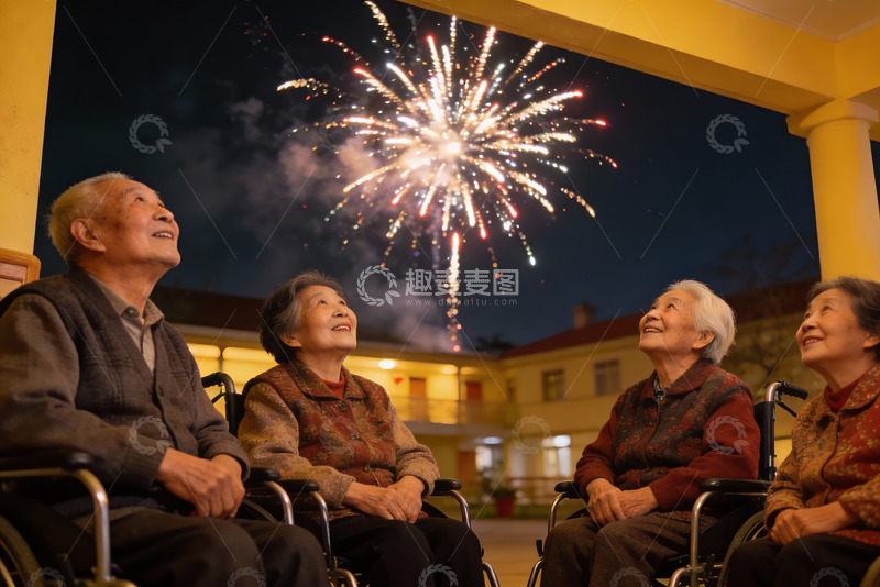 高清大图下载【趣麦麦图】四位老人夜赏烟花其乐融融