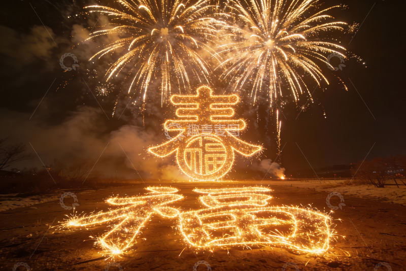 高清大图下载【趣麦麦图】夜空烟花璀璨春福字样