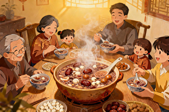 温馨家庭共进热粥晚餐
