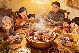 温馨家庭共进热粥晚餐