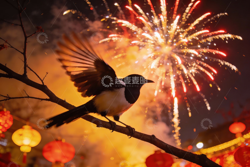 高清大图下载【趣麦麦图】夜空烟花飞鸟栖枝