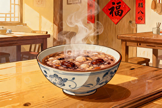 热气腾腾的八宝粥摆放在木质桌上