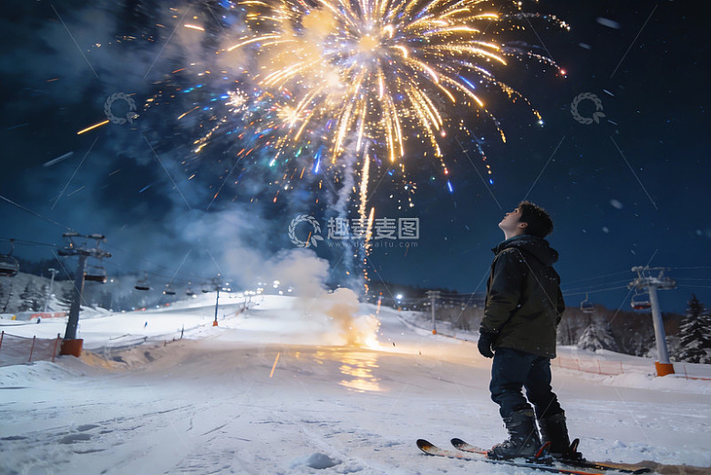 雪地烟花下滑雪者仰望夜空
