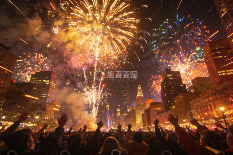 高清大图下载【趣麦麦图】城市夜空烟花绽放人群欢庆