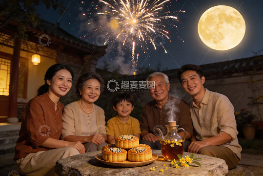 中秋夜庭院团圆赏月