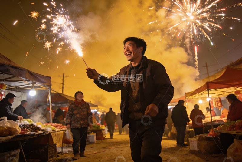 高清大图下载【趣麦麦图】夜市烟花男子欢笑场景