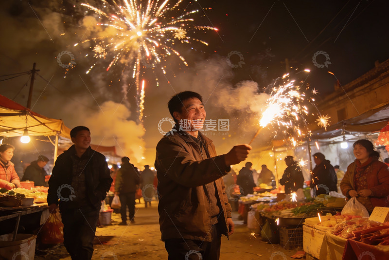 高清大图下载【趣麦麦图】夜市烟花璀璨人群欢笑