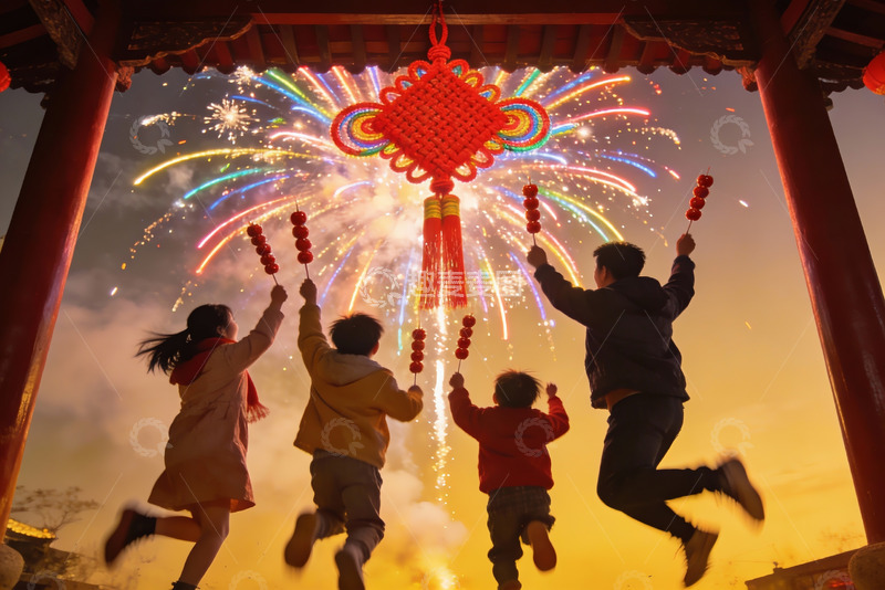 高清大图下载【趣麦麦图】烟花下欢庆新年儿童跳跃