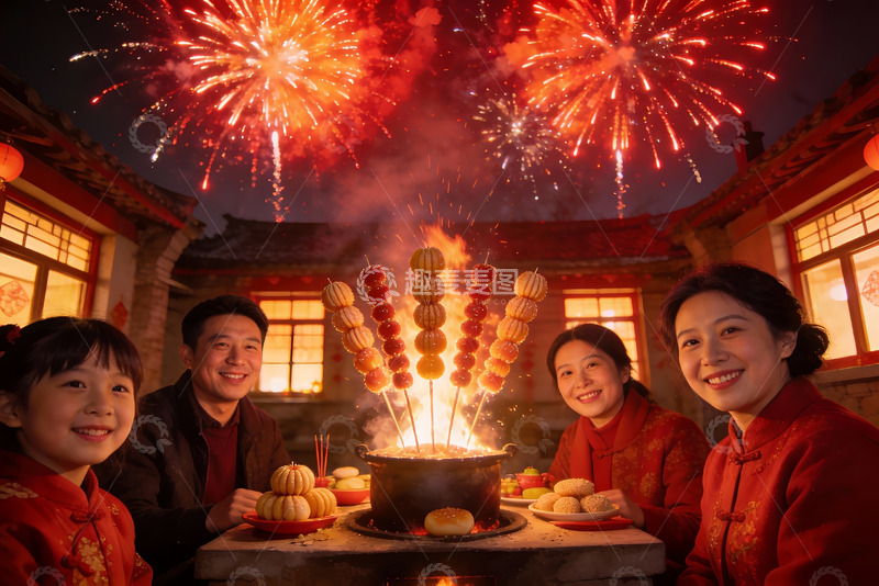高清大图下载【趣麦麦图】春节家庭聚餐放烟花