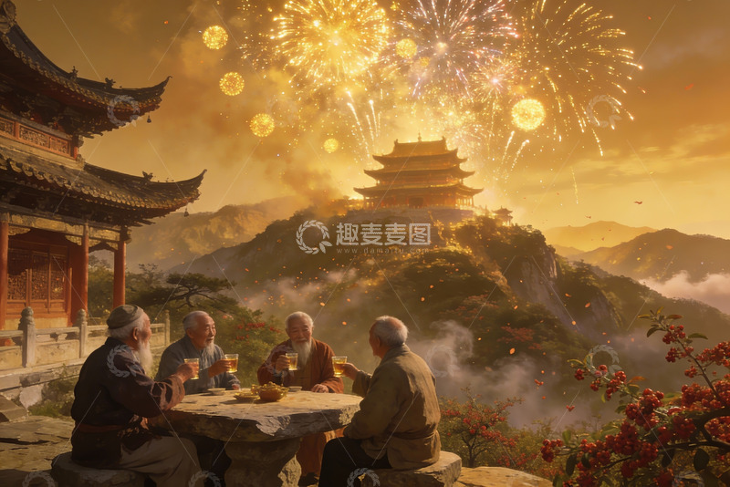 高清大图下载【趣麦麦图】古建筑前老者赏烟花