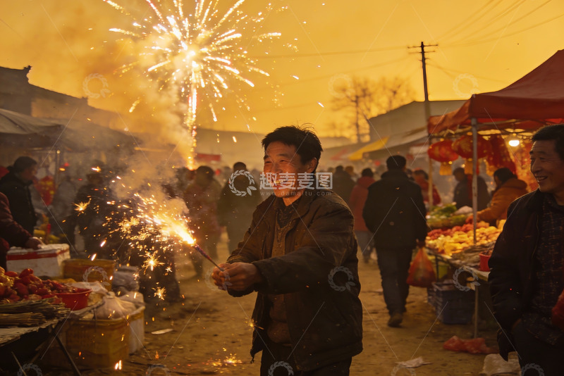 高清大图下载【趣麦麦图】集市夜放烟花欢庆热闹场景