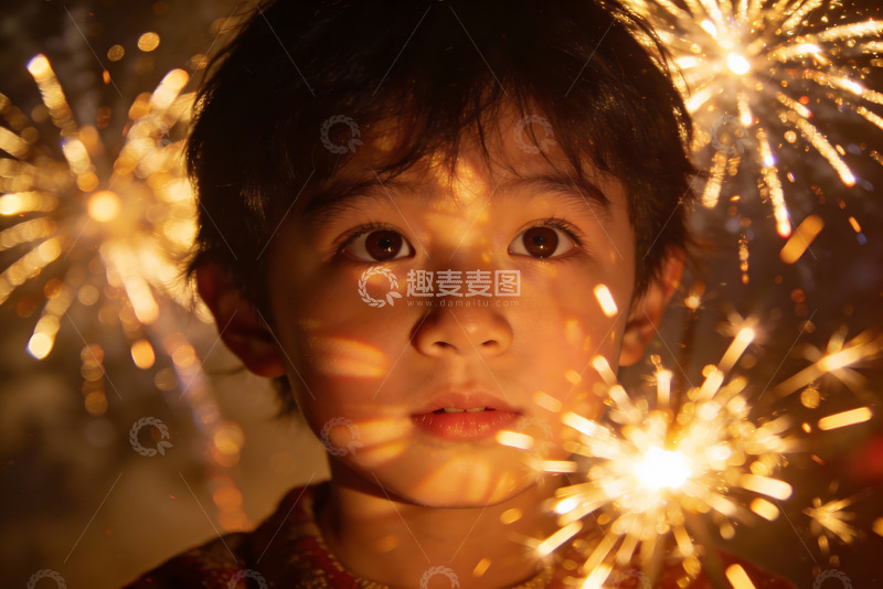 高清大图下载【趣麦麦图】烟花映衬下的孩童专注神情