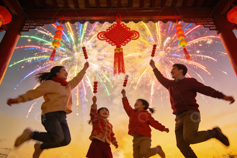 高清大图下载【趣麦麦图】家庭欢庆烟花节场景