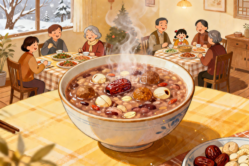 高清大图下载【趣麦麦图】家庭聚餐吃腊八粥温馨场景
