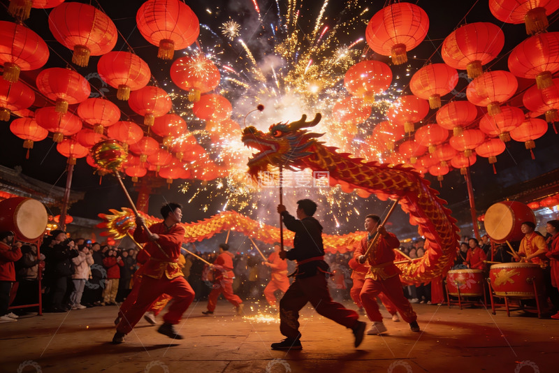 高清大图下载【趣麦麦图】夜空中舞龙烟花璀璨夺目