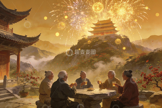 古风人物赏烟花聚饮图