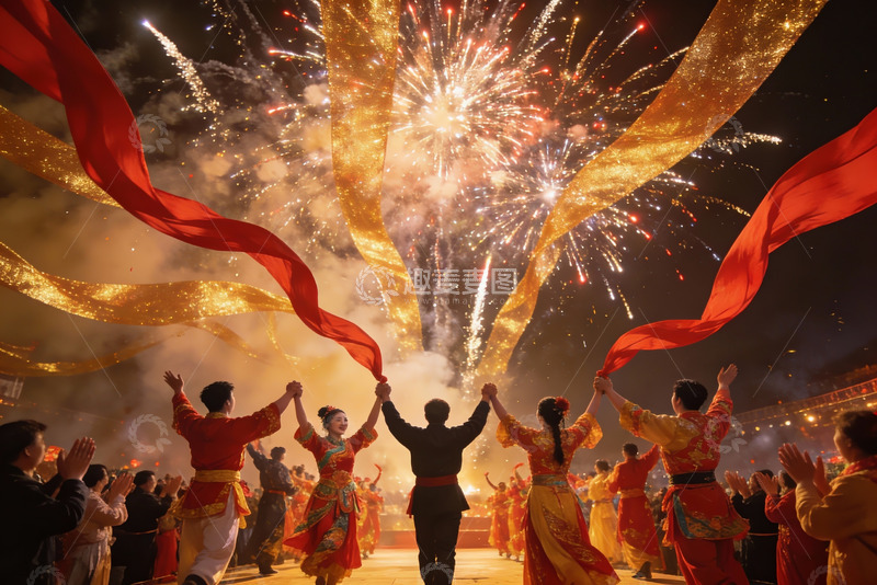 高清大图下载【趣麦麦图】烟花庆典舞者挥绸迎新年