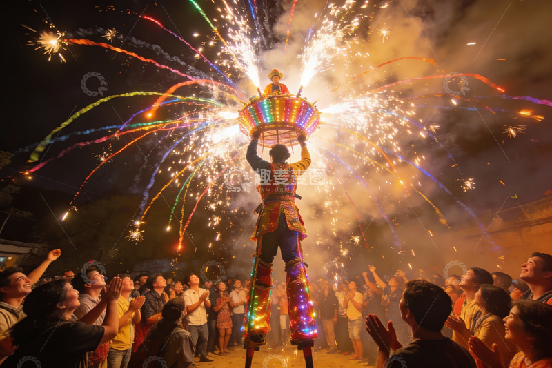 高清大图下载【趣麦麦图】夜空中烟火表演众人围观