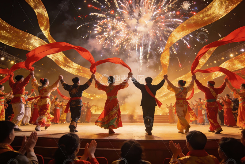 高清大图下载【趣麦麦图】烟花下舞台表演观众鼓掌