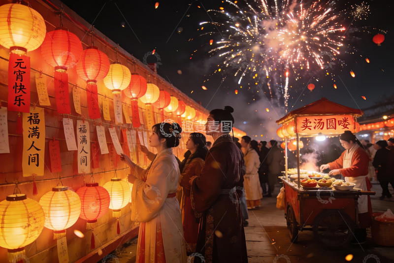高清大图下载【趣麦麦图】元宵夜烟花灯笼热闹街景