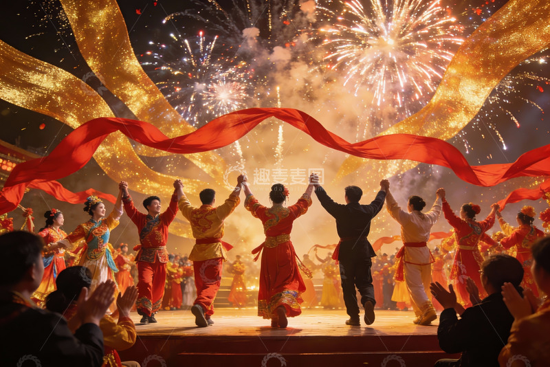 高清大图下载【趣麦麦图】烟花下的传统舞蹈表演