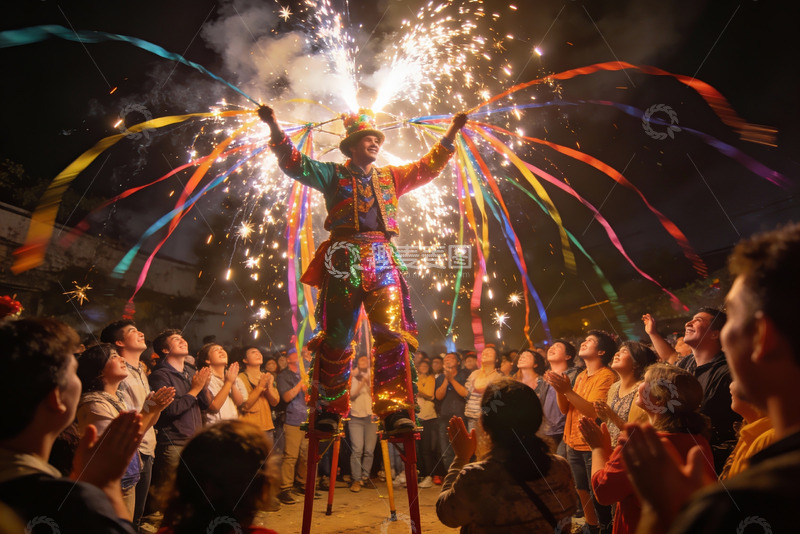 高清大图下载【趣麦麦图】夜空中烟花表演众人围观