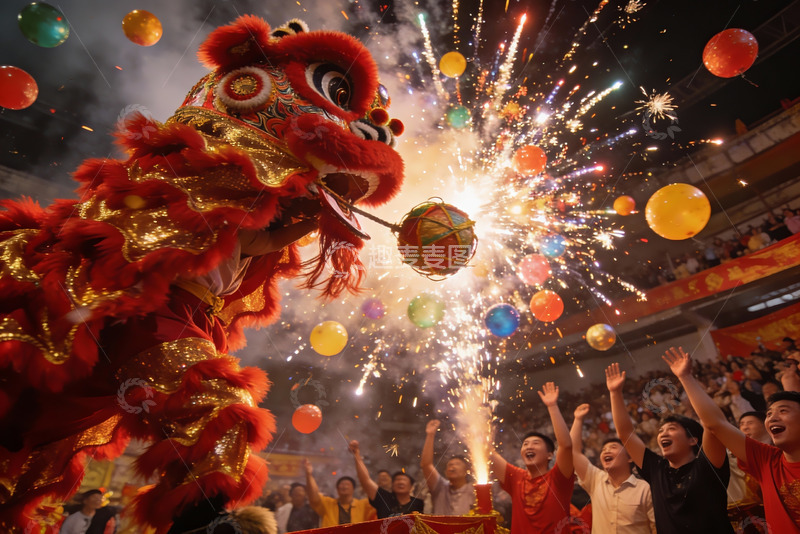 高清大图下载【趣麦麦图】舞狮烟花齐放欢庆节日盛景