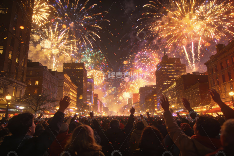 高清大图下载【趣麦麦图】城市夜空烟花绽放人群欢庆