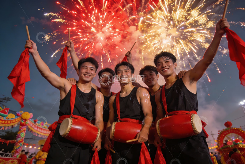 高清大图下载【趣麦麦图】烟花下鼓手欢庆节日