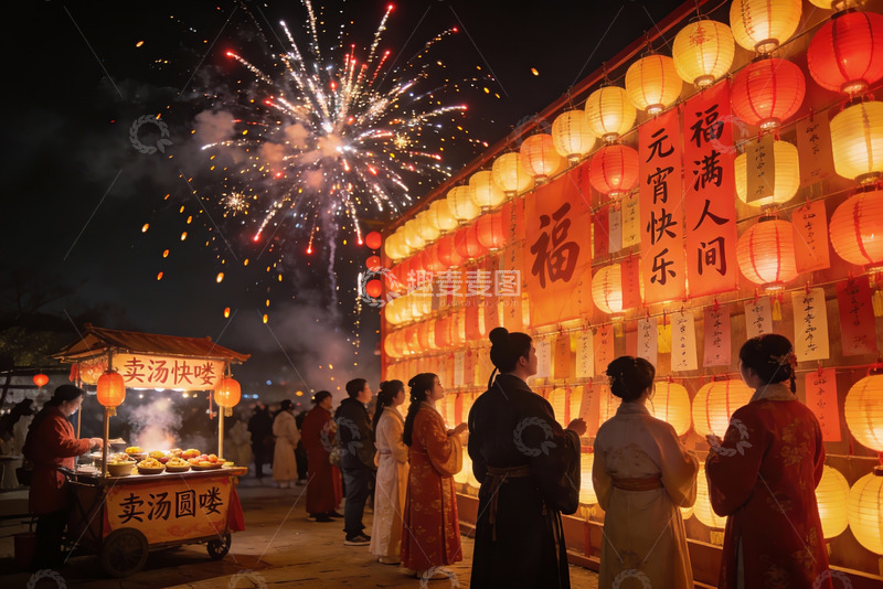 高清大图下载【趣麦麦图】夜市灯笼烟花下人群祈福