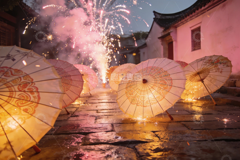高清大图下载【趣麦麦图】夜景烟花伞影