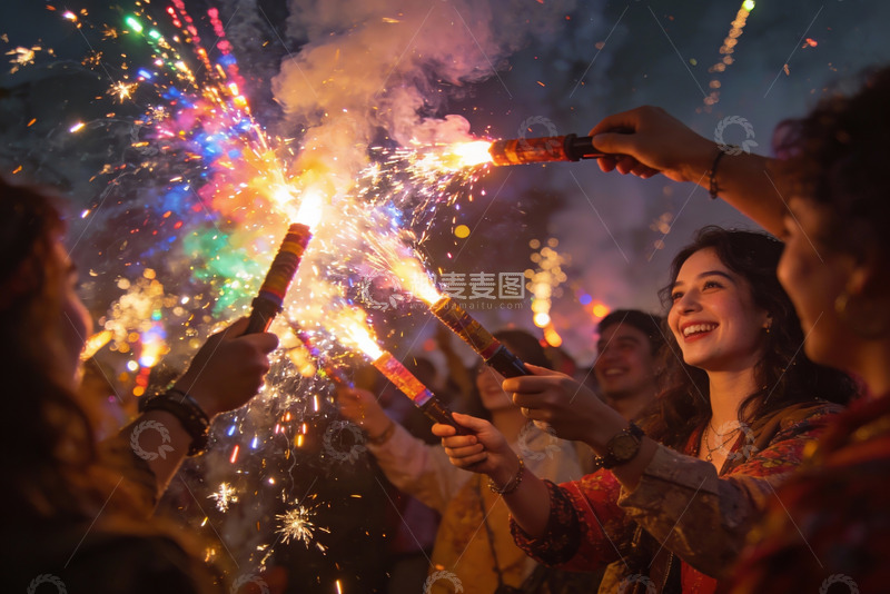 高清大图下载【趣麦麦图】夜空中绽放的烟花与欢笑人群