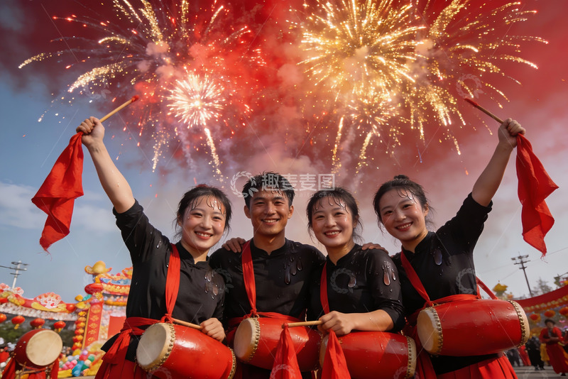 高清大图下载【趣麦麦图】烟花下鼓手欢庆表演