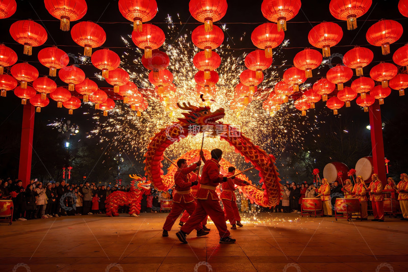 高清大图下载【趣麦麦图】夜空中舞动的红色龙灯表演