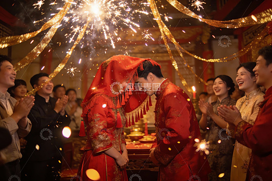 中式婚礼现场烟花绽放新人相拥