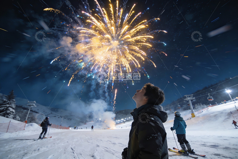 高清大图下载【趣麦麦图】雪地烟花夜景滑雪者仰望