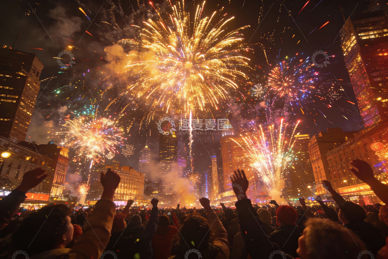 高清大图下载【趣麦麦图】城市夜空烟花绽放人群欢庆
