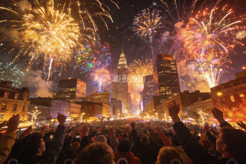 高清大图下载【趣麦麦图】城市夜空烟花绽放人群欢庆