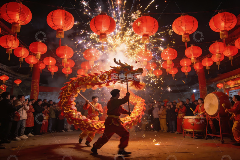 高清大图下载【趣麦麦图】夜空中舞龙烟花璀璨夺目