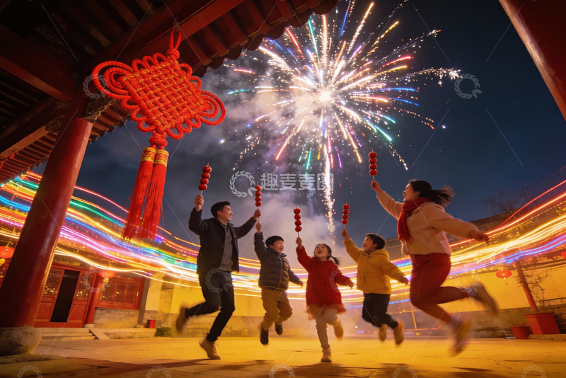 高清大图下载【趣麦麦图】夜空中绽放烟花与欢庆人群