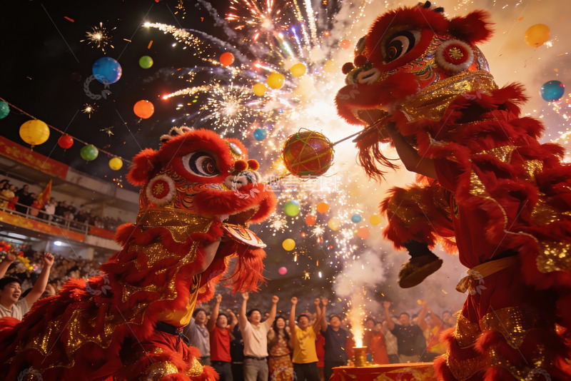 高清大图下载【趣麦麦图】舞狮表演烟花璀璨夜
