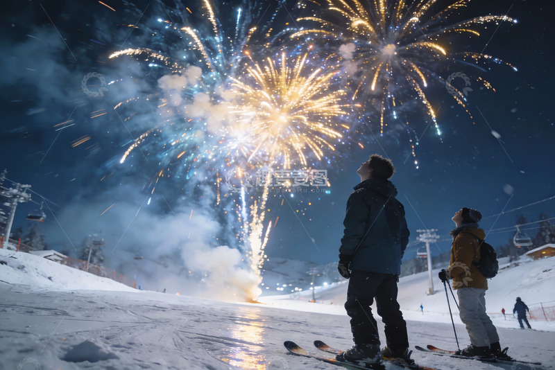 高清大图下载【趣麦麦图】雪地烟花夜景滑雪者