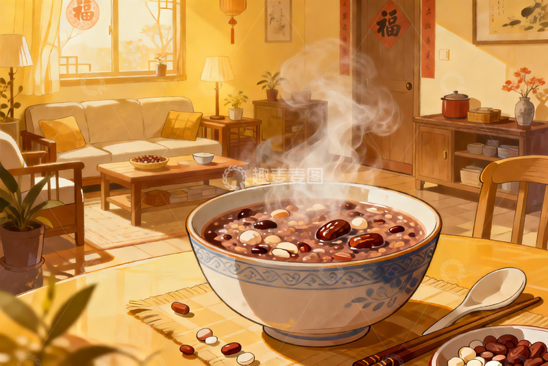 高清大图下载【趣麦麦图】温馨客厅热气腾腾的杂粮粥