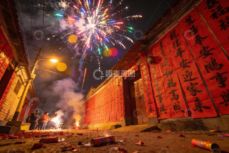 高清大图下载【趣麦麦图】夜街烟花绽放欢庆场景
